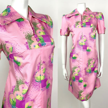 VTG 60s 70s PSYCHEDELIC PINK PURPLE BLUE GREEN SQUARE FLORAL SHIRT DRESS 12