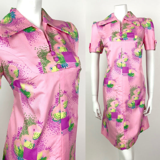 VTG 60s 70s PSYCHEDELIC PINK PURPLE BLUE GREEN SQUARE FLORAL SHIRT DRESS 12