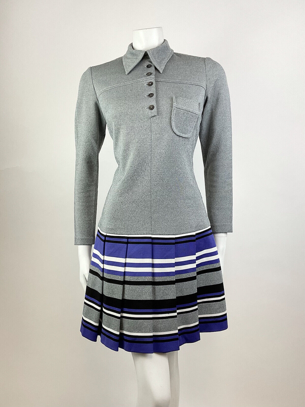 VTG 60s 70s GREY PURPLE WHITE STRIPED MOD PREPPY DAGGER SHIRTSCOOTER DRESS 10 12