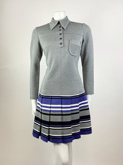 VTG 60s 70s GREY PURPLE WHITE STRIPED MOD PREPPY DAGGER SHIRTSCOOTER DRESS 10 12