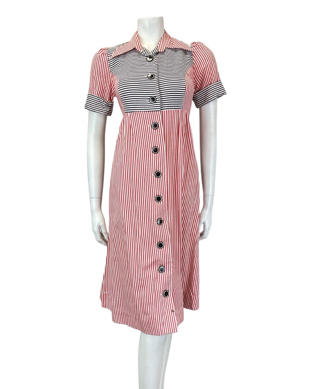 VINTAGE 60s 70s RED WHITE BLACK STRIPED BELTED MOD DAGGER MIDI SHIRT DRESS 8 10