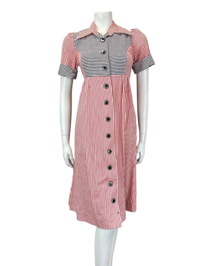 VINTAGE 60s 70s RED WHITE BLACK STRIPED BELTED MOD DAGGER MIDI SHIRT DRESS 8 10
