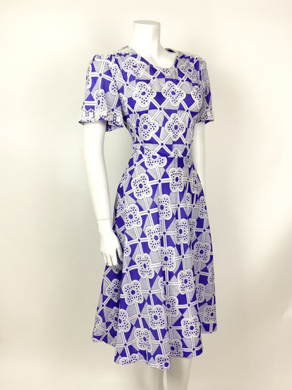 VINTAGE 60s 70s PURPLE WHITE LACE GEOMETRIC CHECKED MOD SWING DRESS 10 12