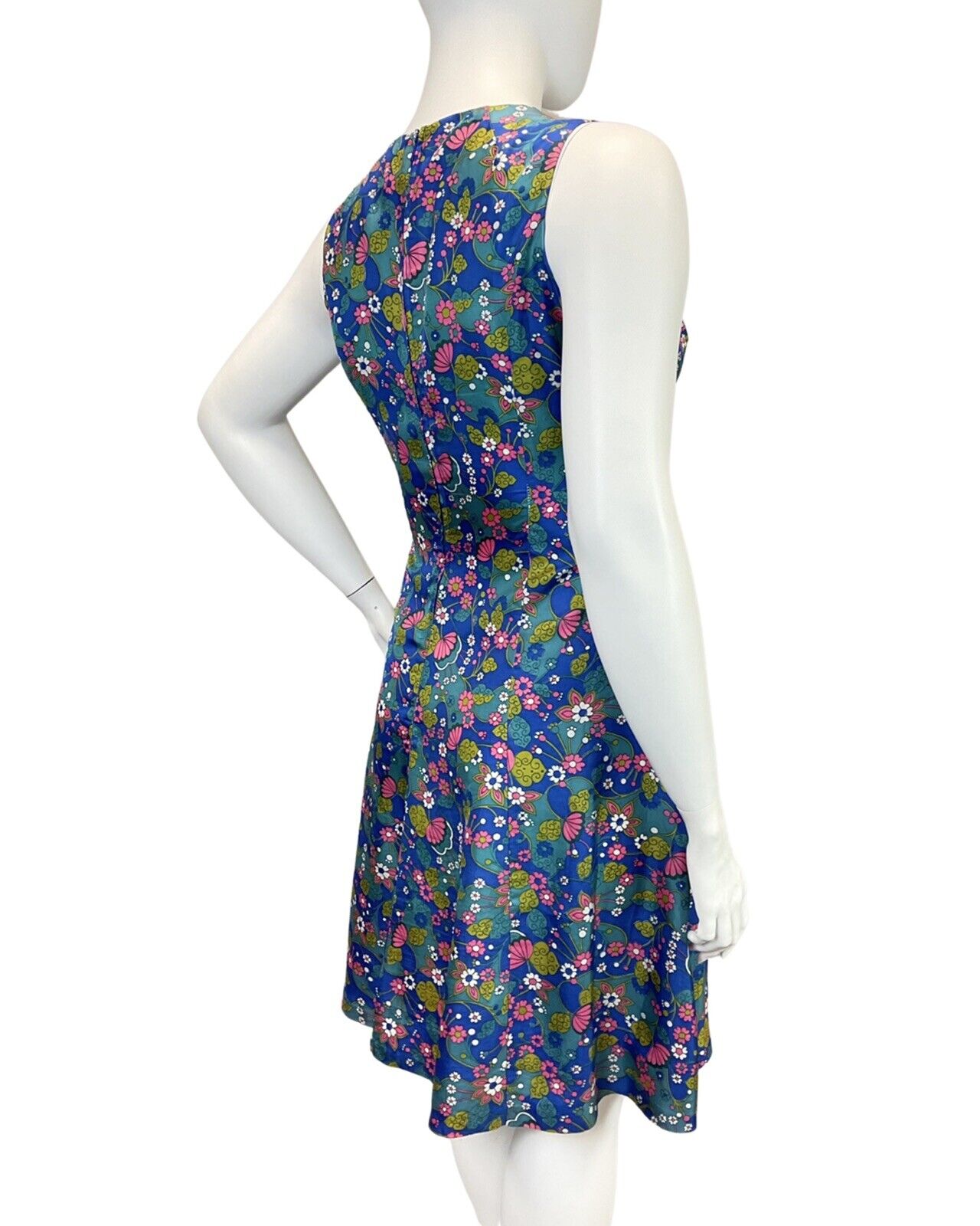 VINTAGE 60s 70s BLUE PINK GREEN PSYCHEDELIC FLORAL DAISY SLEEVELESS DRESS 16