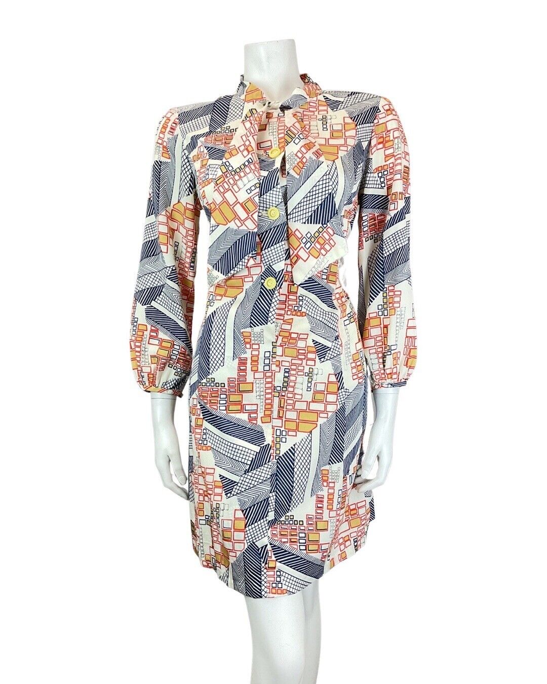 VINTAGE 60s 70s WHITE BLUE RED GEOMETRIC SQUARE PUSSYBOW SHIRT DRESS 12 14