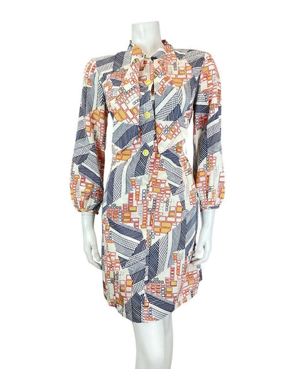 VINTAGE 60s 70s WHITE BLUE RED GEOMETRIC SQUARE PUSSYBOW SHIRT DRESS 12 14