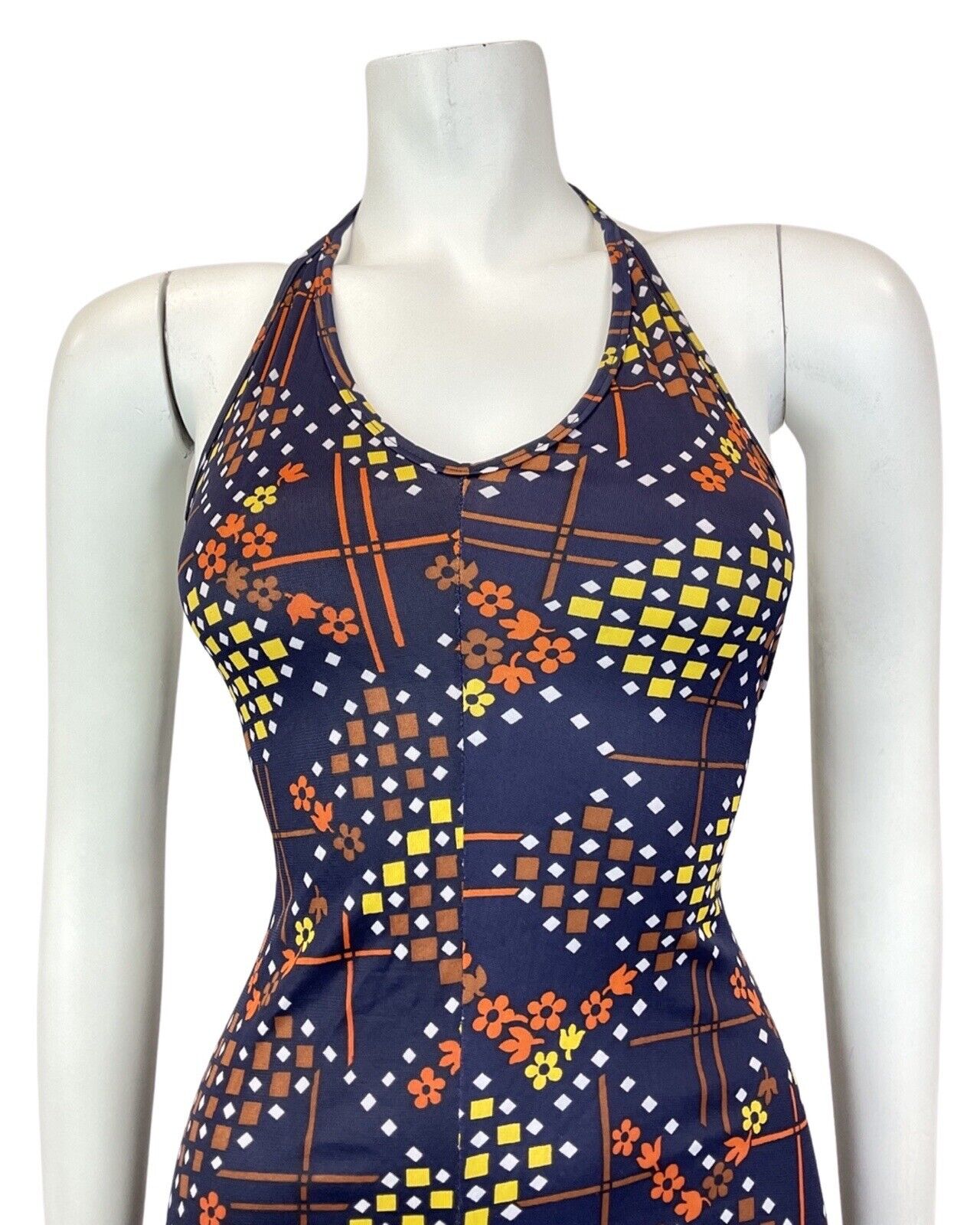 VINTAGE 60s 70s BLUE BROWN YELLOW GEOMETRIC MOD SUMMER HALTER DRESS 8