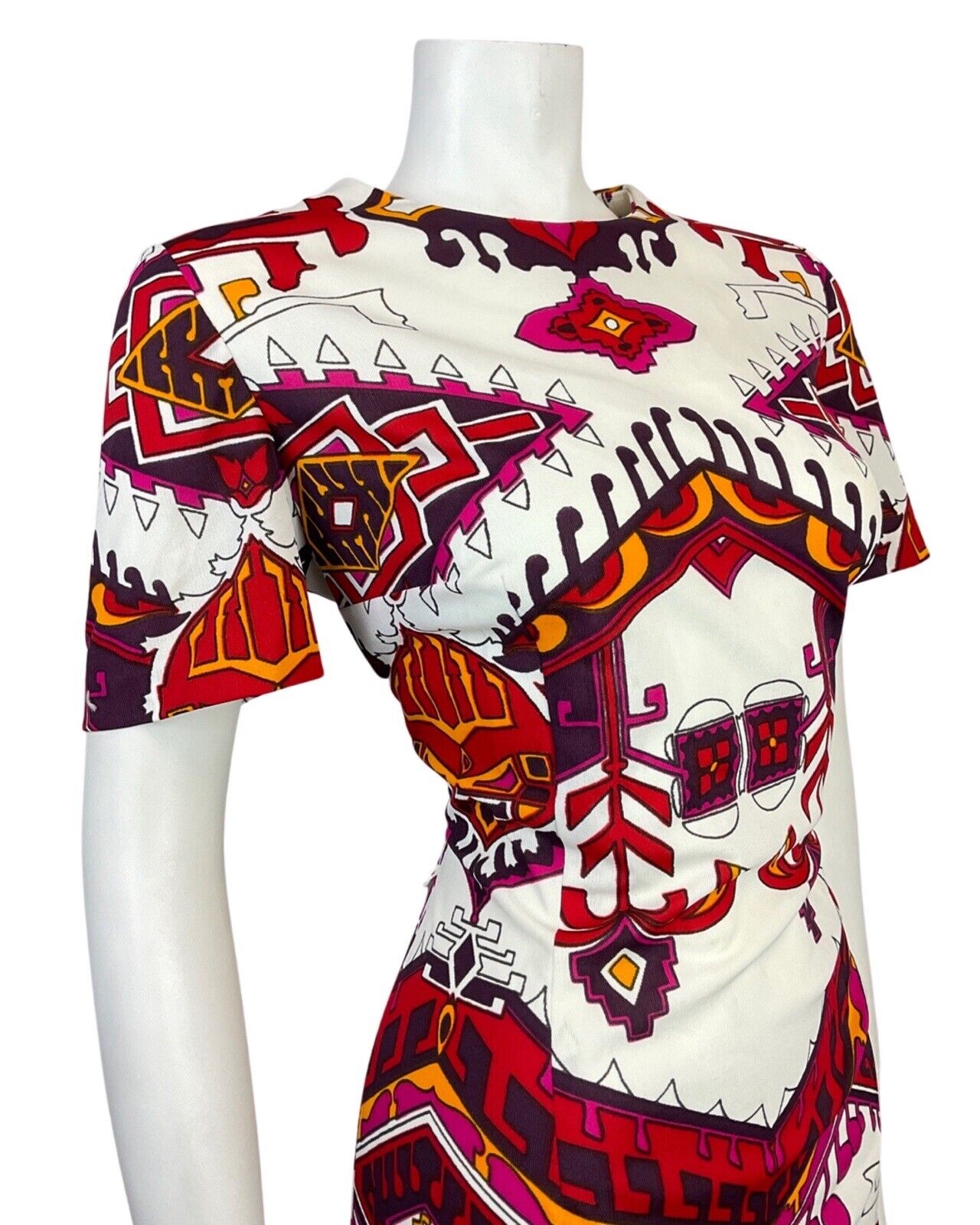 VINTAGE 60s 70s WHITE PURPLE PINK YELLOW AZTEC GEOMETRIC MOD DRESS 14 16