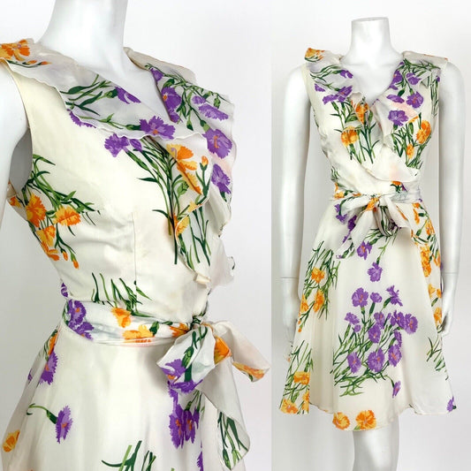 VINTAGE 60s 70s WHITE ORANGE PURPLE GREEN FLORAL FLOATY RUFFLE SHEER DRESS 10 12