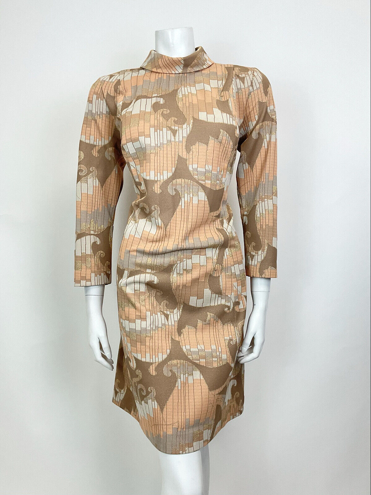 VTG 60s 70s ORANGE BROWN GOLD PSYCHEDELIC SWIRL STRIPED TURTLENECK DRESS 12 14