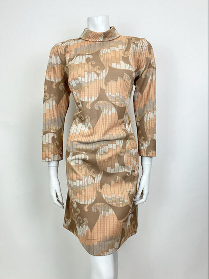 VTG 60s 70s ORANGE BROWN GOLD PSYCHEDELIC SWIRL STRIPED TURTLENECK DRESS 12 14