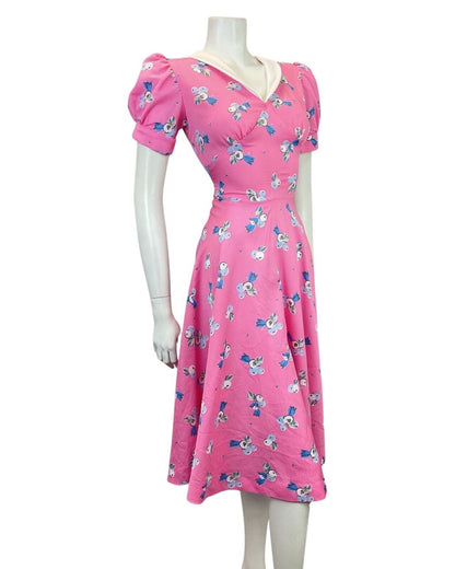 VINTAGE 60s 70s BUBBLEGUM PINK BLUE FLORAL BERRY SWING TEA DRESS 8