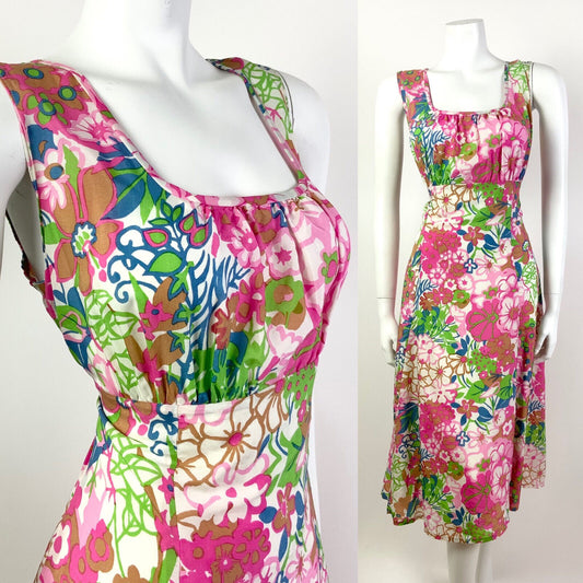 VINTAGE 60s 70s PINK WHITE GREEN BLUE PSYCHEDELIC FLORAL MOD EMPIRE DRESS 12 14