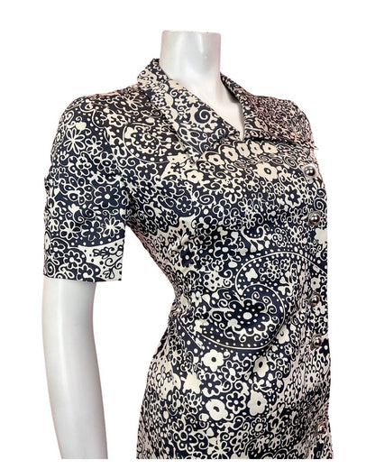 VINTAGE 60s 70s BLACK WHITE SILVER PSYCHEDELIC FLORAL MOD SHIRT DRESS 10 12