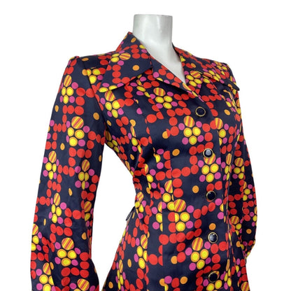 VINTAGE 60s 70s BLUE RED YELLOW PSYCHEDELIC DOTTY MOD DAGGER SHIRT DRESS 14 16
