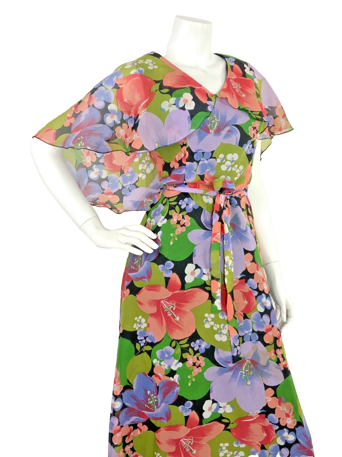 VINTAGE 60s 70s FLORAL MAXI SUMMER DRESS CAPE SLEEVE BLACK GREEN PURPLE PINK 10