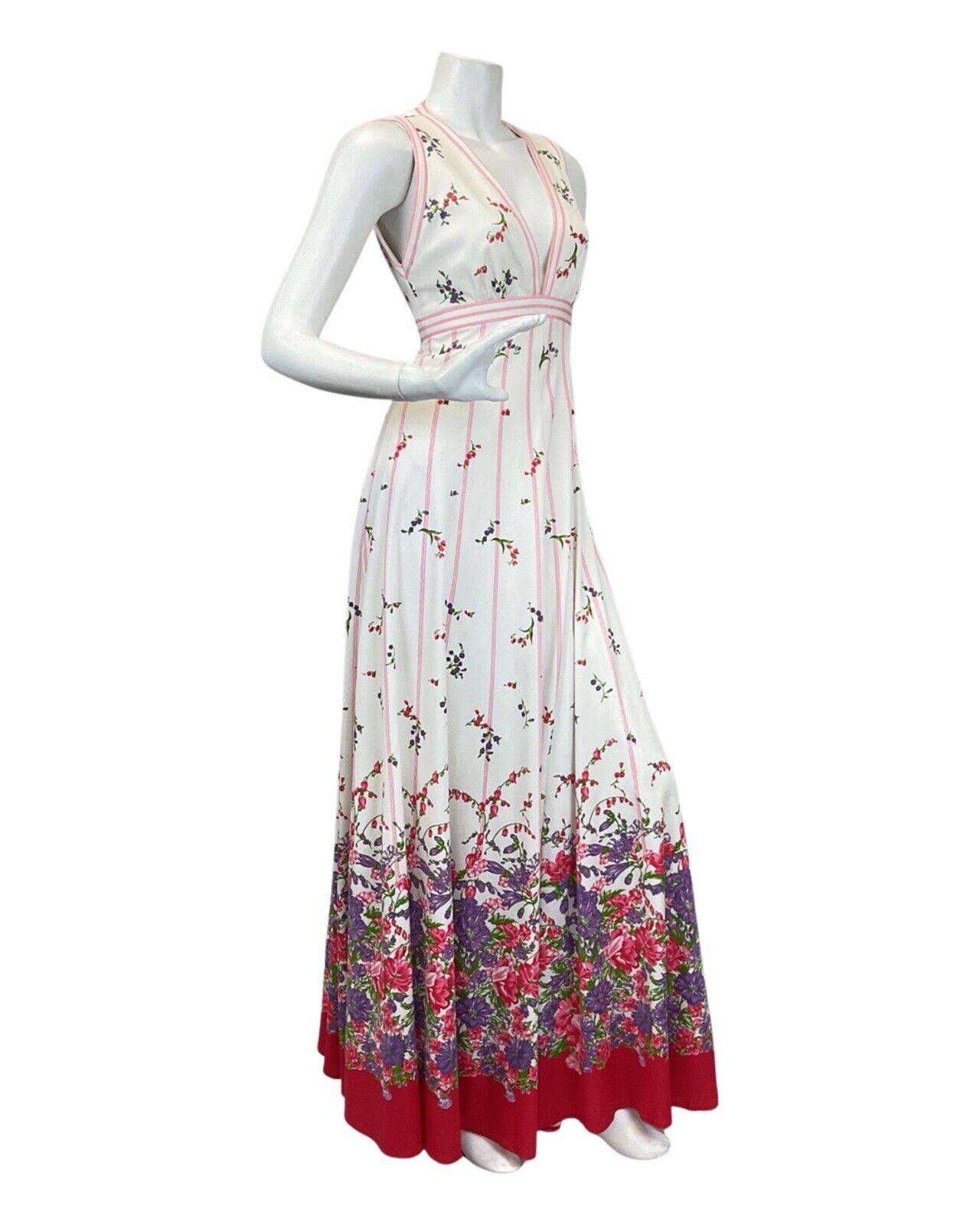 VINTAGE 60s 70s WHITE RED PINK FLORAL BOTANICAL SLEEVELESS SUMMER MAXI DRESS 10