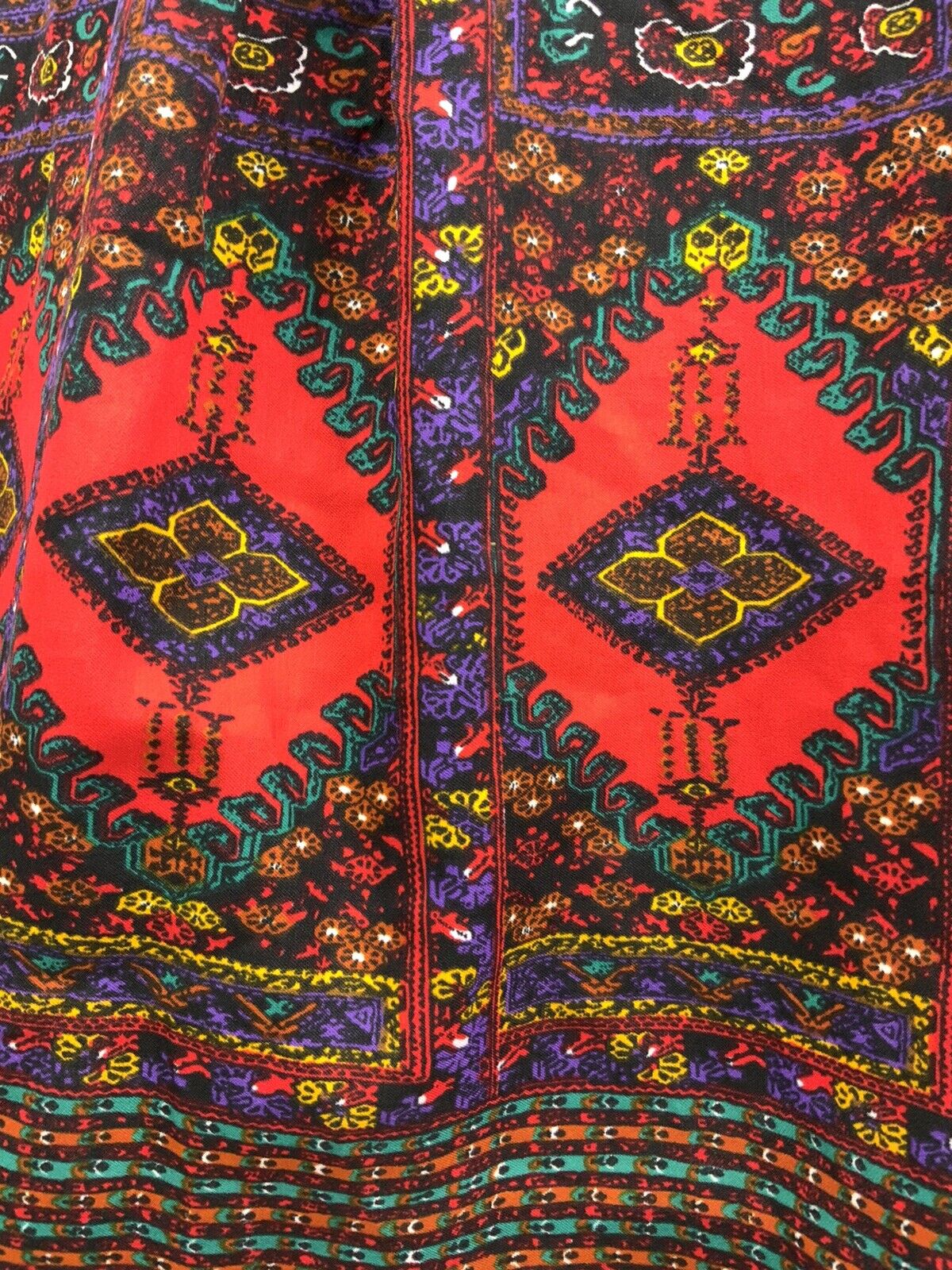 VINTAGE 60s 70s RED GREEN BLACK YELLOW PERSIAN FLORAL WING SHIRT DRESS 10 12