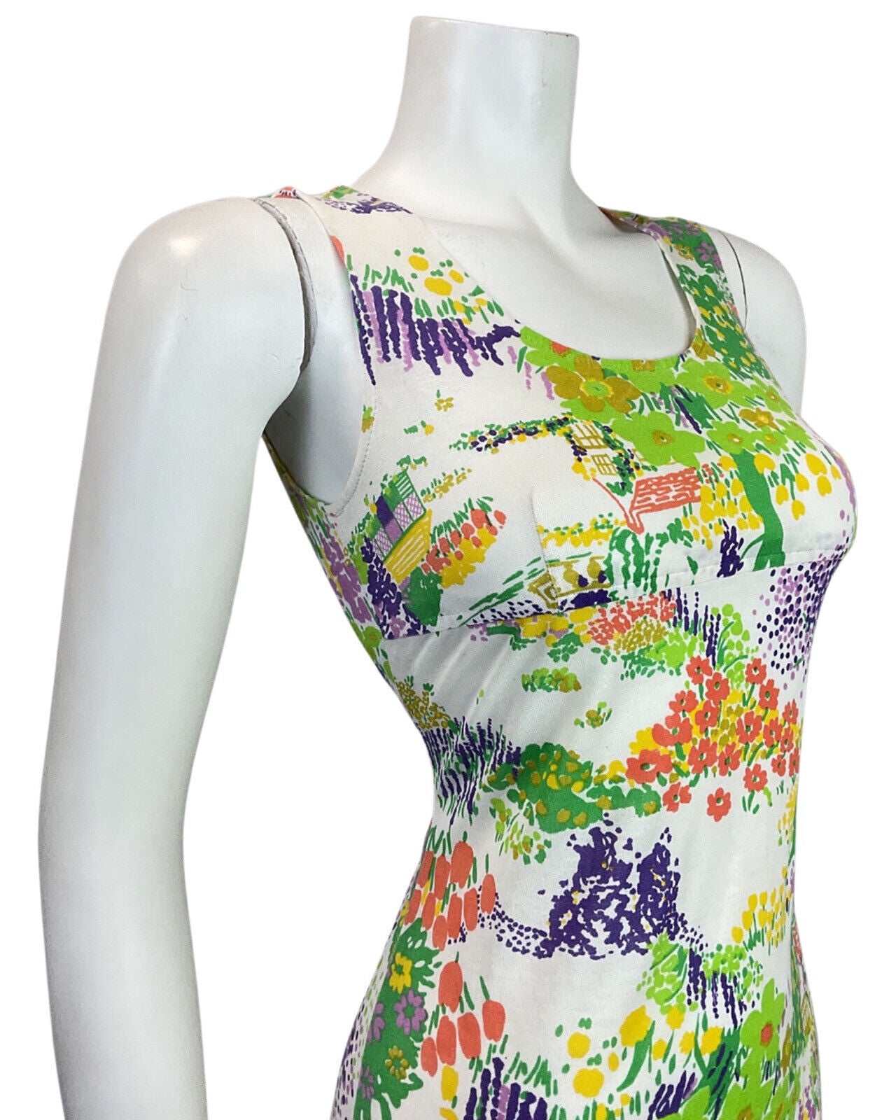 VINTAGE 60s 70s WHITE GREEN PURPLE FLORAL TREE COTTAGE SUMMER SHORT DRESS 8