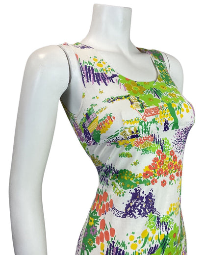 VINTAGE 60s 70s WHITE GREEN PURPLE FLORAL TREE COTTAGE SUMMER SHORT DRESS 8