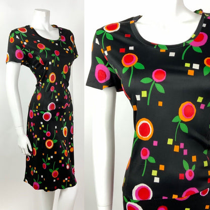 VINTAGE 60s 70s BLACK GREEN RED ORANGE PINK FLORAL SQUARE PSYCHEDELIC DRESS 12