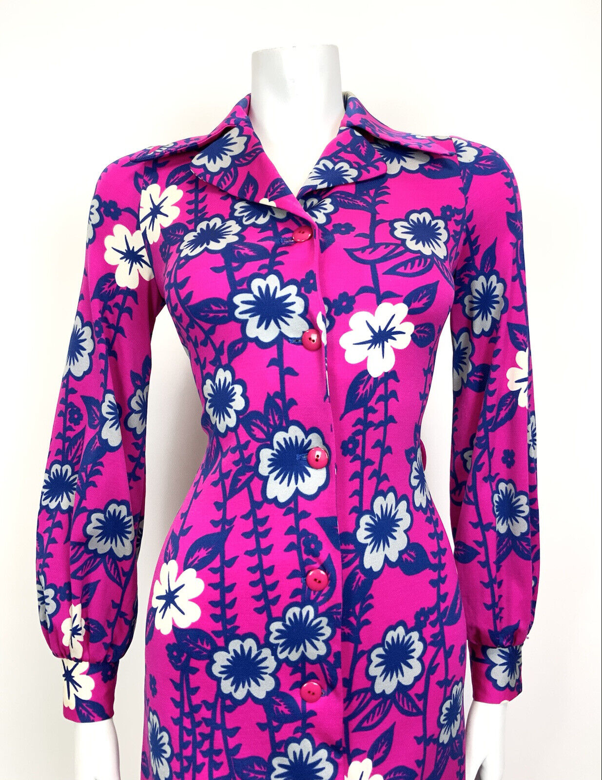 VINTAGE 70s NEON PINK BLUE WHITE PSYCHEDELIC FLORAL DAGGER SHIRT SWING DRESS 8