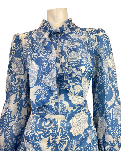 VINTAGE 60s 70s BLUE WHITE PSYCHEDELIC FLORAL PUSSYBOW SHEER SWING DRESS 12 14
