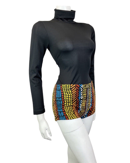 VINTAGE 60s 70s BLACK BLUE YELLOW GEOMETRIC DASH DOTTY HIPSTER SWIM SHORTS 10 12