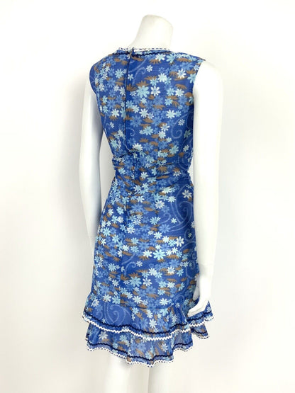 VTG 60s 70s PSYCHEDELIC BLUE WHITE BROWN FLORAL SWIRL RUFFLE TRIM DRESS 12 14