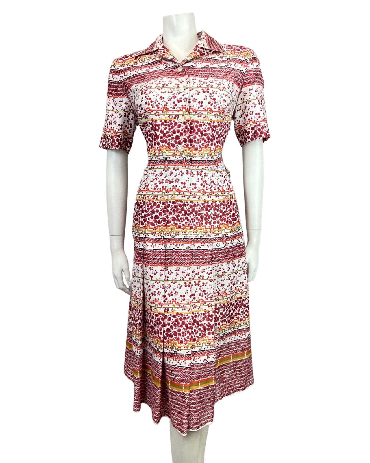 VINTAGE 60s 70s WHITE RED GOLD FLORAL PETAL STRIPED DAGGER SHIRT DRESS 14 16