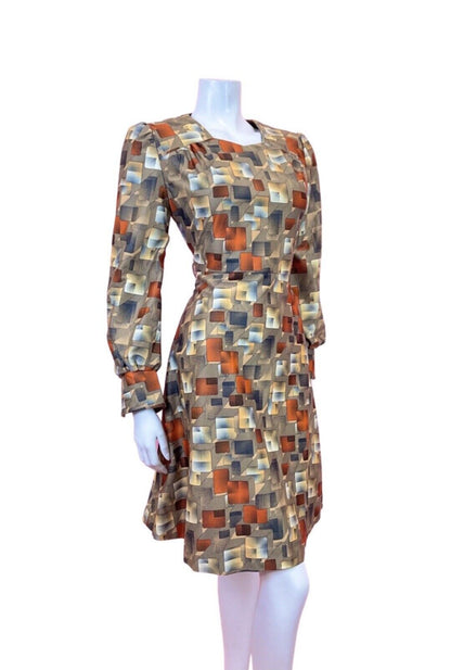 VINTAGE 60s 70s YELLOW BLACK ORANGE GEOMETRIC GRID CHECKED DRESS 10 12