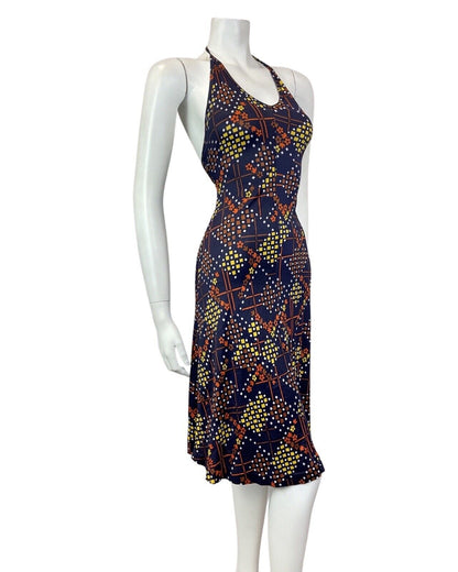 VINTAGE 60s 70s BLUE BROWN YELLOW GEOMETRIC MOD SUMMER HALTER DRESS 8