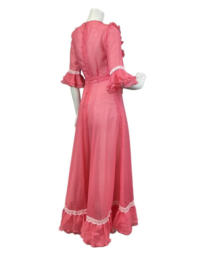 VINTAGE 70s SALMON PINK WHITE RUFFLED LACE SHEER PRAIRIE BOHO MAXI DRESS 6