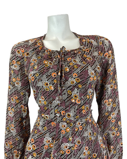 VINTAGE 60s 70s BROWN PURPLE WHITE DOTTY PSYCHEDELIC MOD SWING DRESS 10