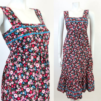 VTG 60s 70s BLACK PINK BLUE RED FLORAL DAISY RIC RAC MOD TENT EMPIRE DRESS 8 10
