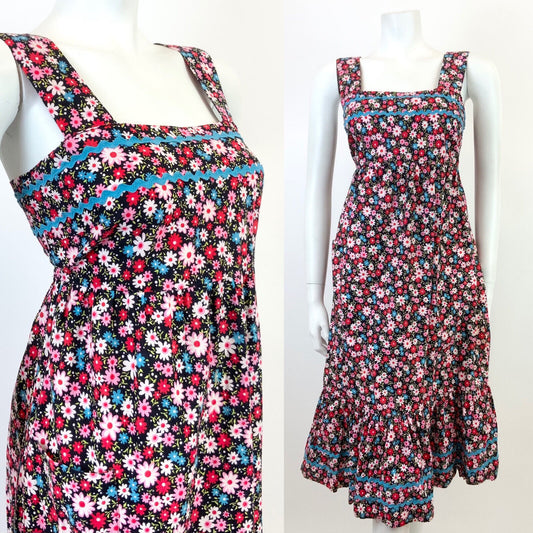 VTG 60s 70s BLACK PINK BLUE RED FLORAL DAISY RIC RAC MOD TENT EMPIRE DRESS 8 10