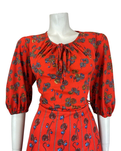 VINTAGE 60s 70s RED BLUE GREY FLORAL ROPE STRIPED LONG SLEEVE SWING DRESS 14