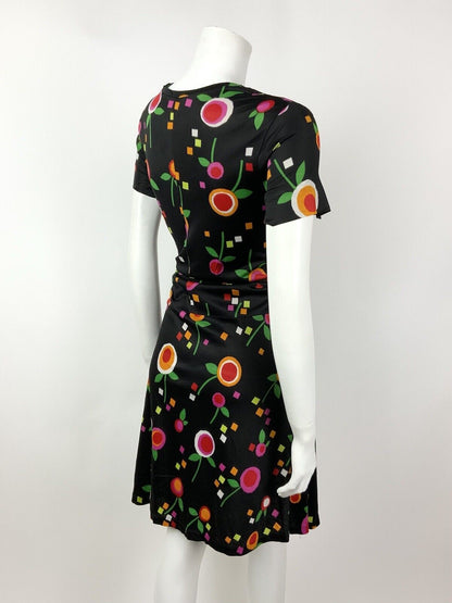 VINTAGE 60s 70s BLACK GREEN RED ORANGE PINK FLORAL SQUARE PSYCHEDELIC DRESS 12