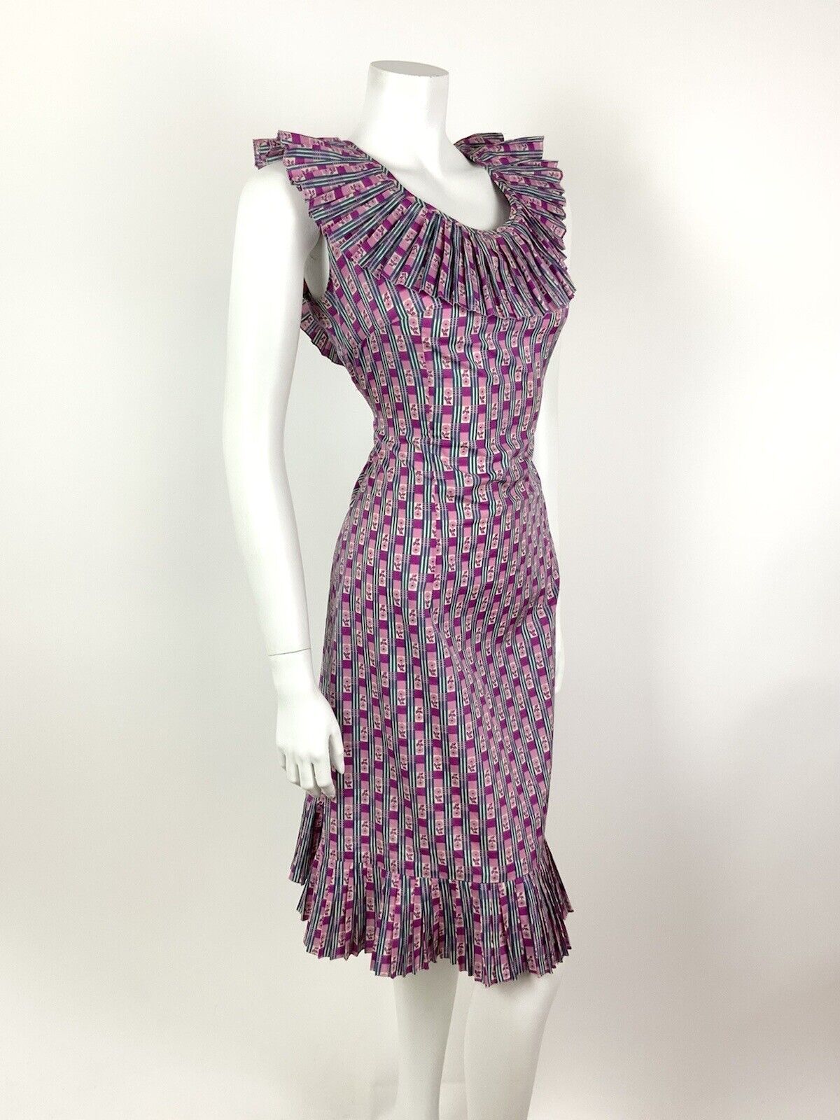 VINTAGE 60s 70s PINK PURPLE WHITE BLUE STRIPED FLORAL DAISY RUFFLE DRESS 12 14