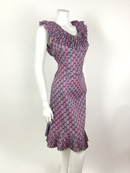 VINTAGE 60s 70s PINK PURPLE WHITE BLUE STRIPED FLORAL DAISY RUFFLE DRESS 12 14