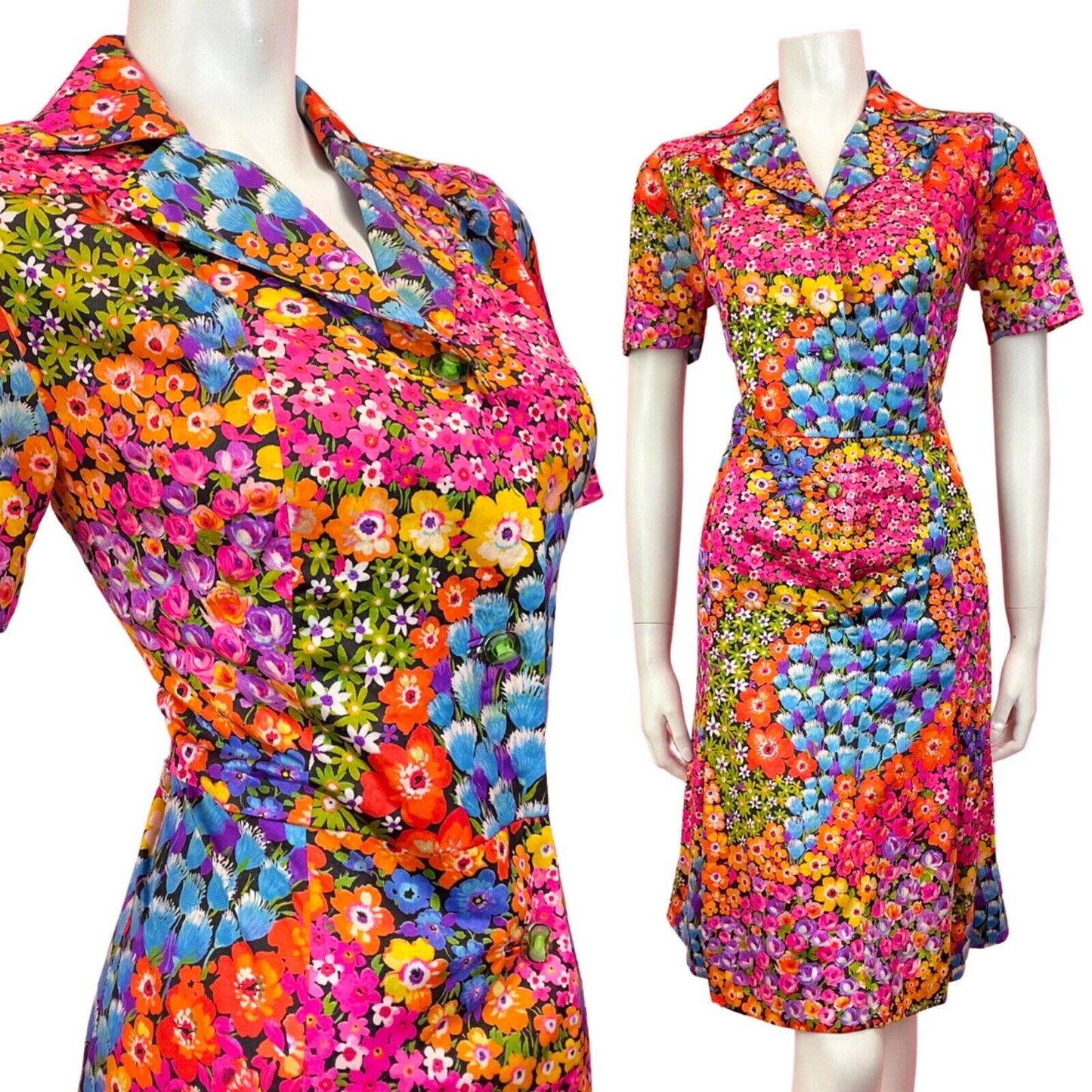 VINTAGE 60s 70s PINK BLUE ORANGE PSYCHEDELIC FLORAL SWIRL SHIRT DRESS 12 14