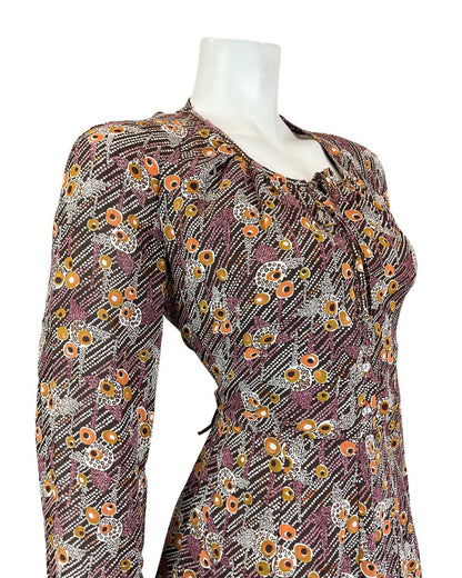 VINTAGE 60s 70s BROWN PURPLE WHITE DOTTY PSYCHEDELIC MOD SWING DRESS 10