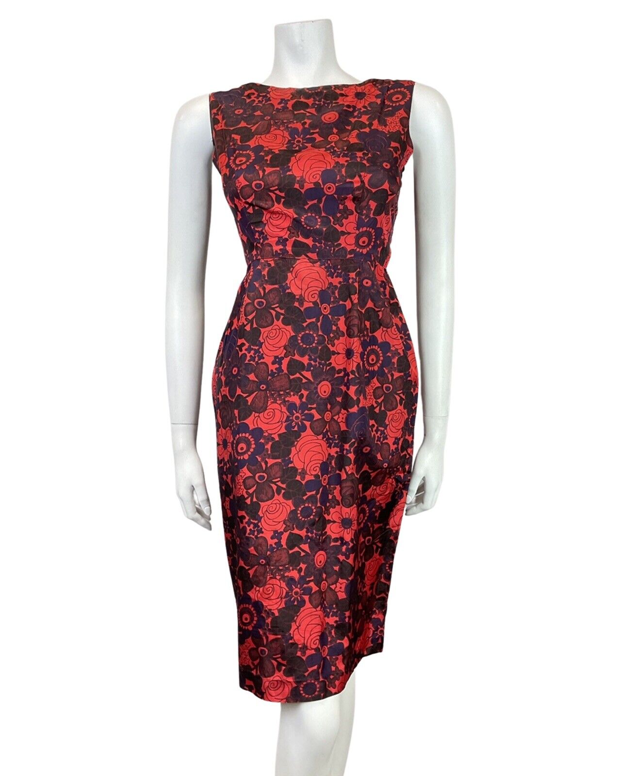 VINTAGE 60s RED PURPLE BROWN FLORAL SLEEVELESS WIGGLE PENCIL DRESS 6