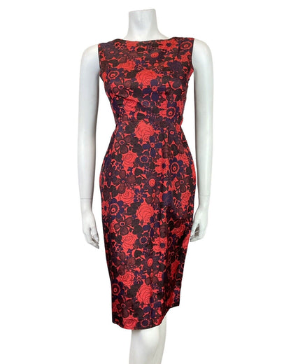 VINTAGE 60s RED PURPLE BROWN FLORAL SLEEVELESS WIGGLE PENCIL DRESS 6