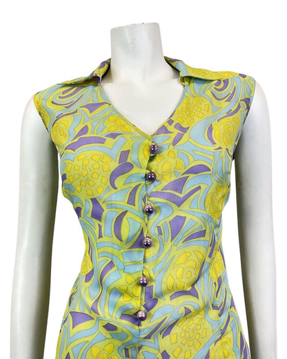VINTAGE 60s 70s GREEN BLUE PURPLE GEOMETRIC PSYCHEDELIC SHIRT DRESS 12 14