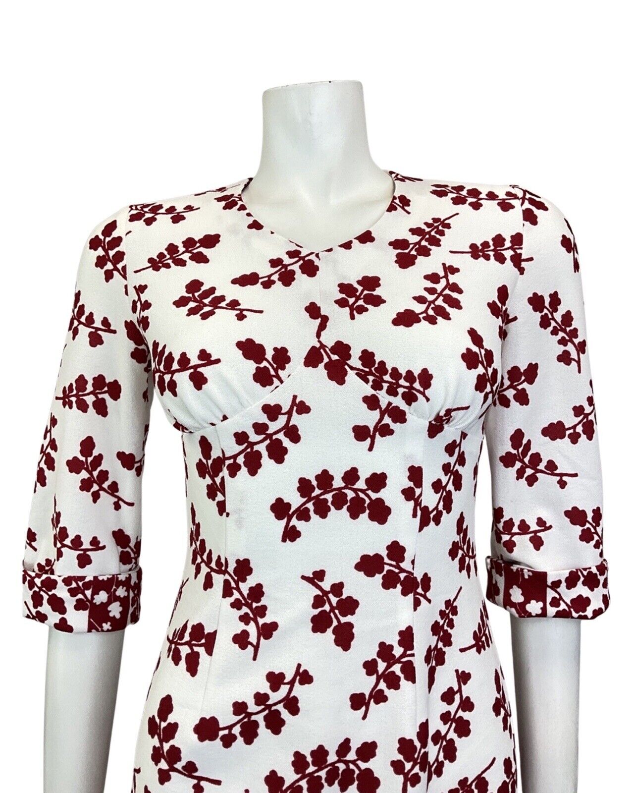 VINTAGE 60s 70s WHITE WINE RED BRANCH LEAFY FLORAL KNEE-LENGTH DRESS 8