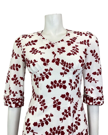 VINTAGE 60s 70s WHITE WINE RED BRANCH LEAFY FLORAL KNEE-LENGTH DRESS 8