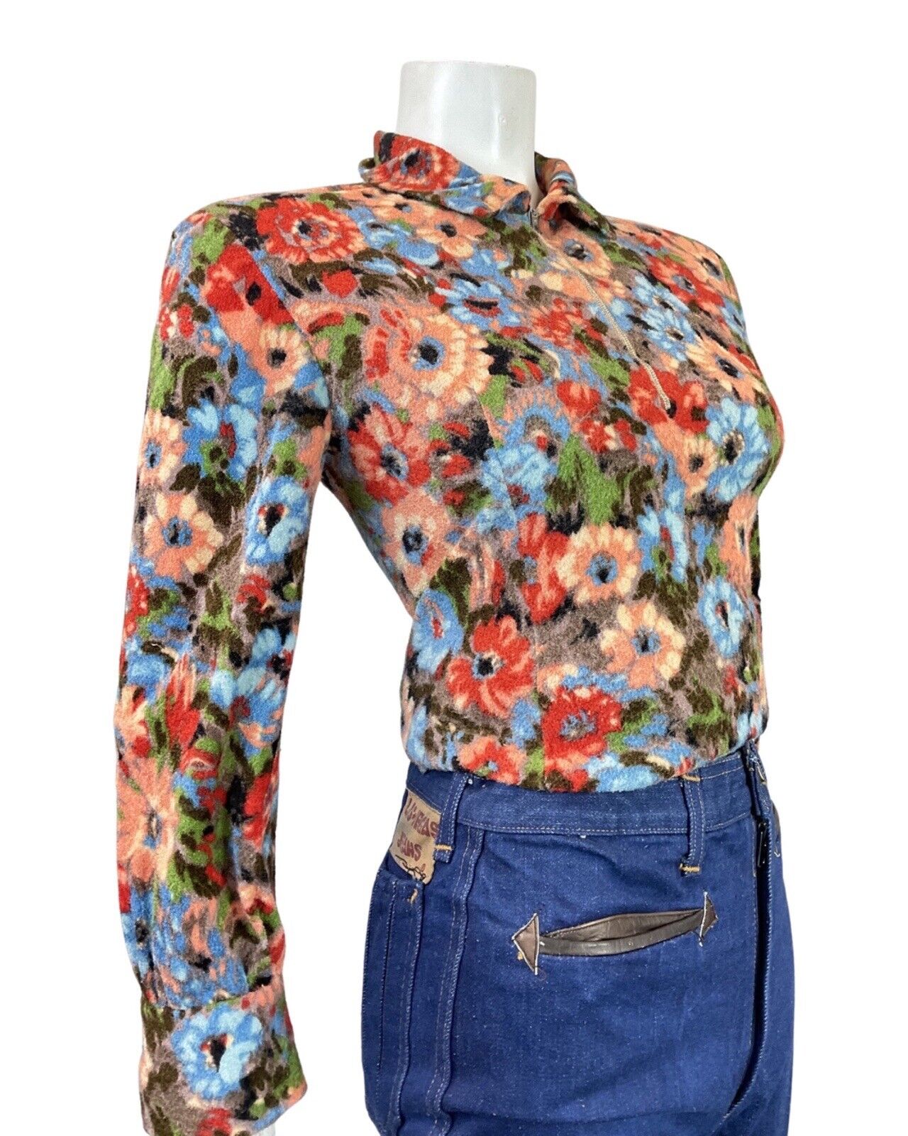 VTG 60s 70s ORANGE BLUE RED FLORAL FLEECE ZIP-UP MOD DAGGER BLOUSE 10 12