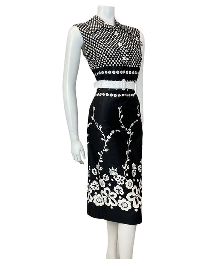 VINTAGE 60s 70s BLACK WHITE FLORAL DAISY MOD SLEEVELESS DAGGER SHIRT DRESS 10 12