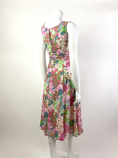 VINTAGE 60s 70s PINK WHITE GREEN BLUE PSYCHEDELIC FLORAL MOD EMPIRE DRESS 12 14